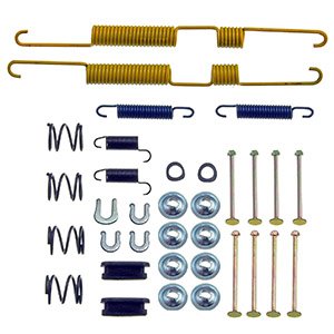 Brake hardware kit with springs, pins, and clips